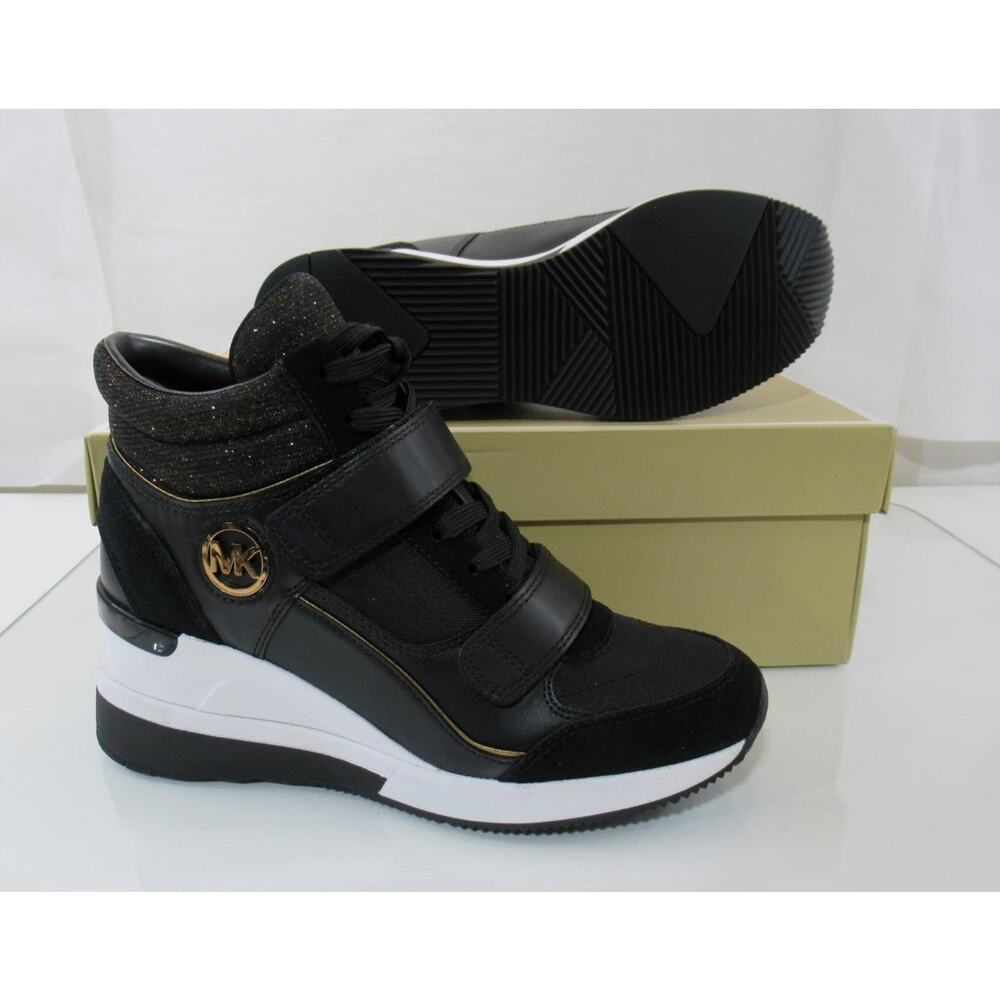 Michael Kors Gentry High Top Wedge Trainer Sneakers MK Logo Black Bronze Size 9 - Picture 7 of 7